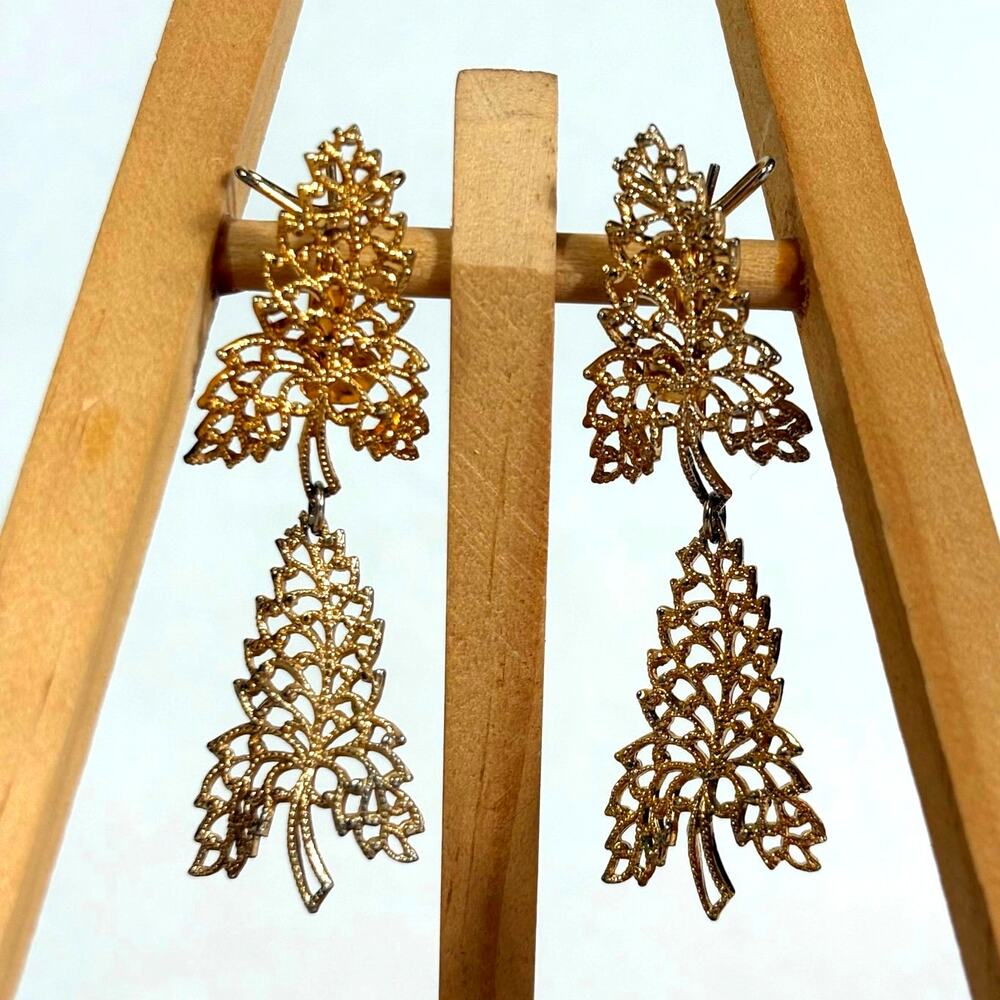 Gold Tone Leaf Earrings Wingback Retro Vintage 50s 60s Statement 3" Dangle